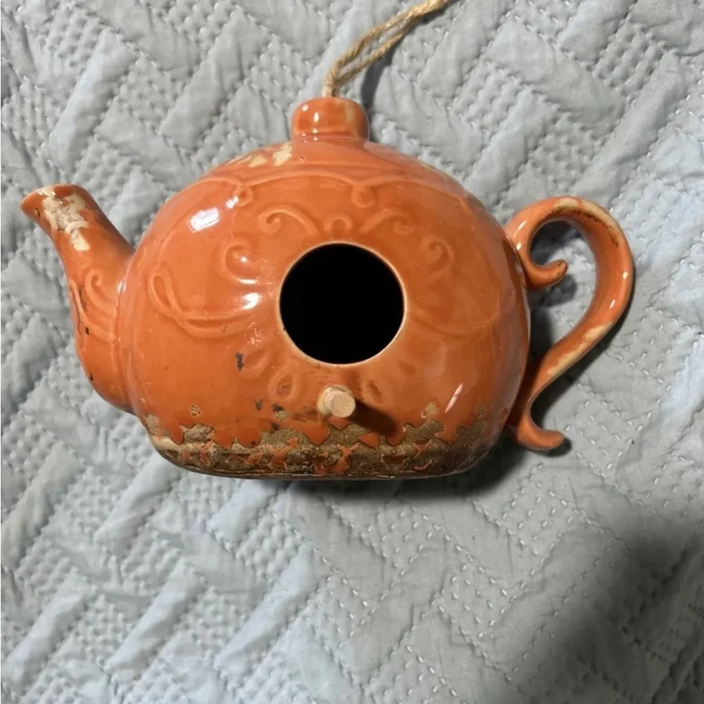 Vintage Orange Rustic Ceramic Teapot Birdhouse 9”